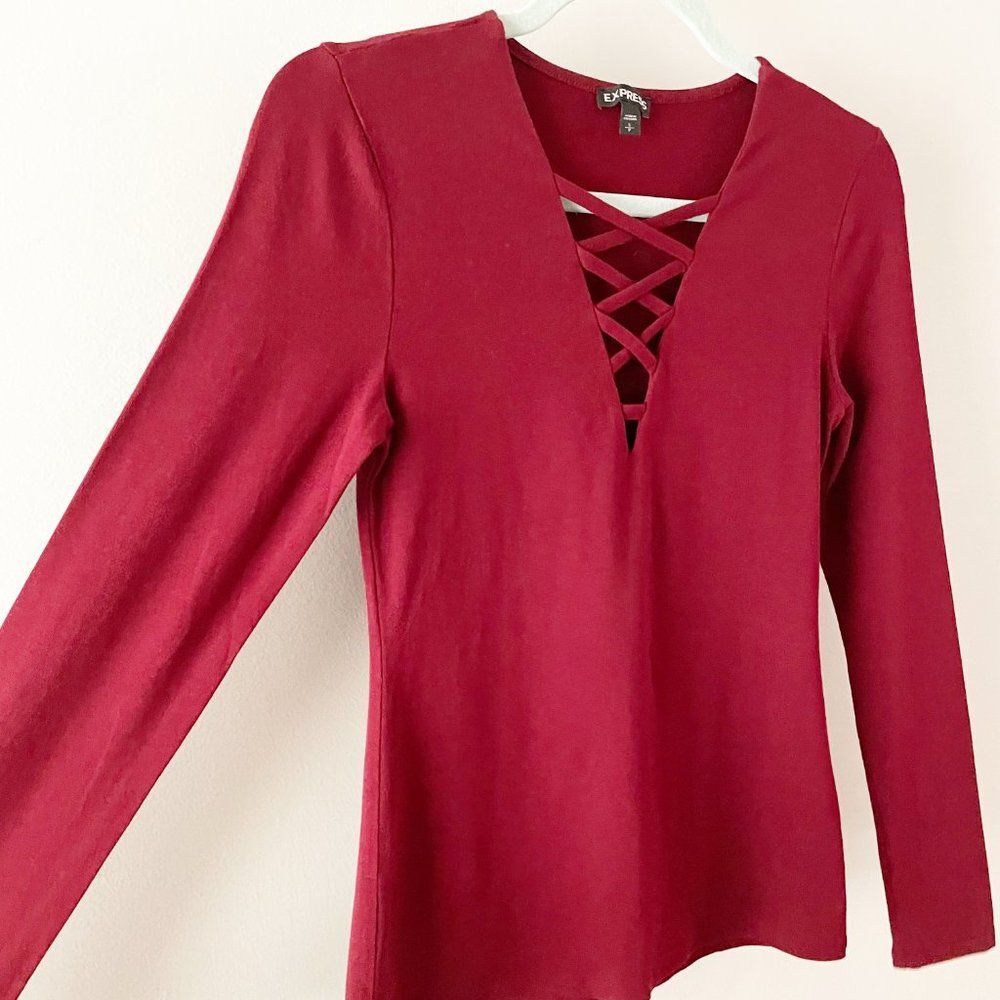 Express Burgundy Crossed Lace V Neck Long Sleeve Top S - Picture 2 of 9